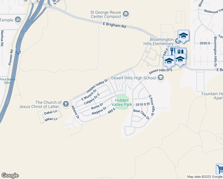 map of restaurants, bars, coffee shops, grocery stores, and more near 3427 South Munich Drive in St. George