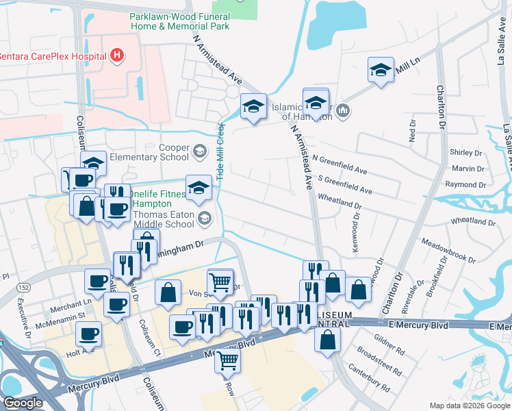 map of restaurants, bars, coffee shops, grocery stores, and more near 125 Marcella Road in Hampton