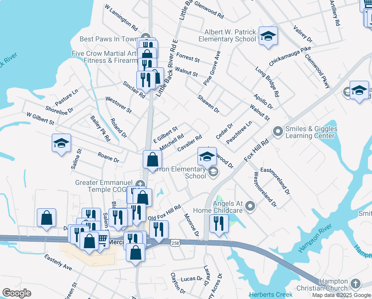 map of restaurants, bars, coffee shops, grocery stores, and more near 36 Cavalier Road in Hampton