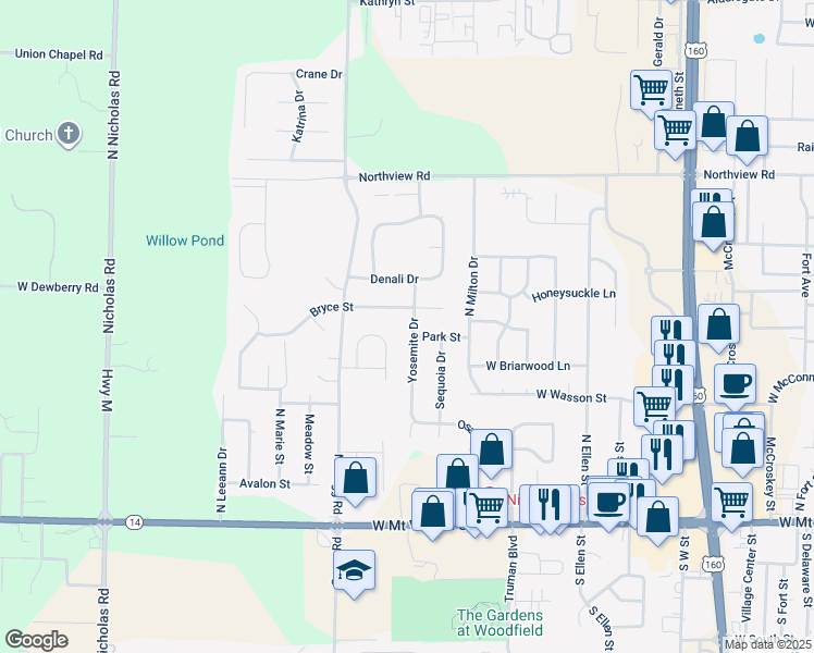 map of restaurants, bars, coffee shops, grocery stores, and more near 509 Yosemite Drive in Nixa