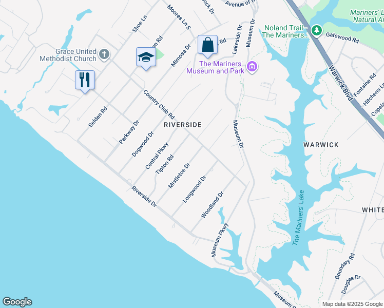 map of restaurants, bars, coffee shops, grocery stores, and more near 207 Mistletoe Drive in Newport News