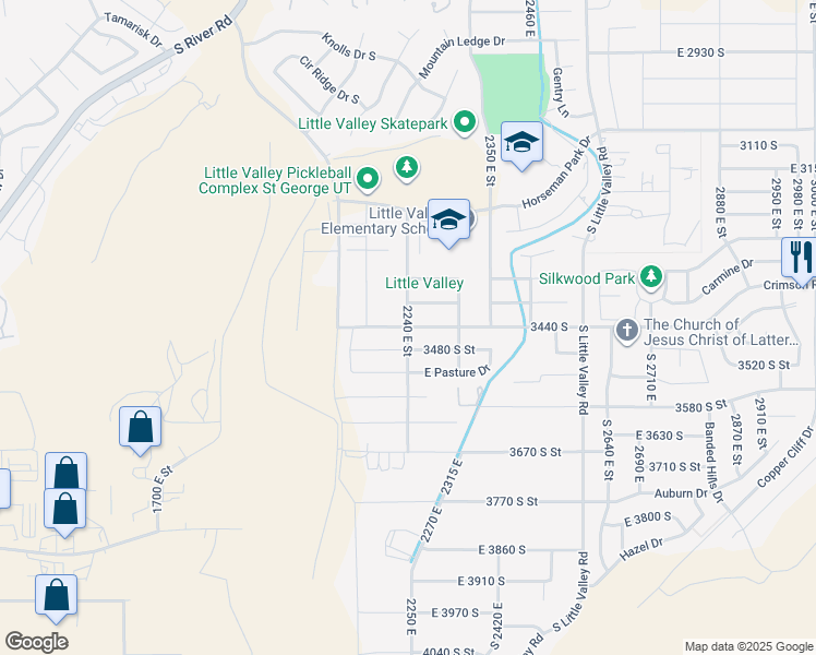map of restaurants, bars, coffee shops, grocery stores, and more near 2240 East Street in St. George