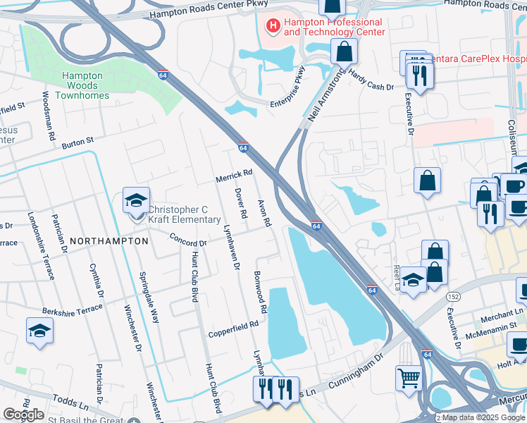map of restaurants, bars, coffee shops, grocery stores, and more near 190 Avon Road in Hampton
