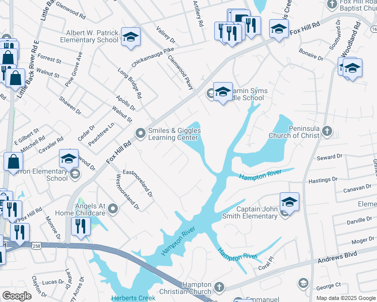map of restaurants, bars, coffee shops, grocery stores, and more near 15 Lake Ferguson Court in Hampton