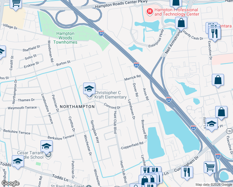 map of restaurants, bars, coffee shops, grocery stores, and more near 9 Edith Key Street in Hampton