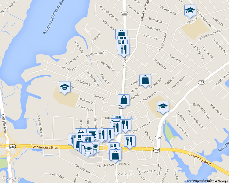 map of restaurants, bars, coffee shops, grocery stores, and more near 101 West Gilbert Street in Hampton