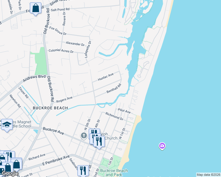 map of restaurants, bars, coffee shops, grocery stores, and more near 425 Rogers Avenue in Hampton