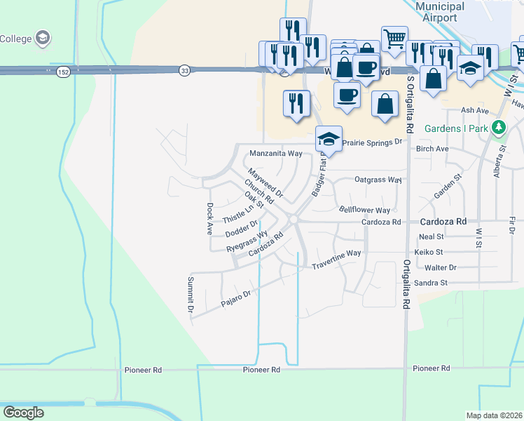 map of restaurants, bars, coffee shops, grocery stores, and more near 1658 Oak Street in Los Banos