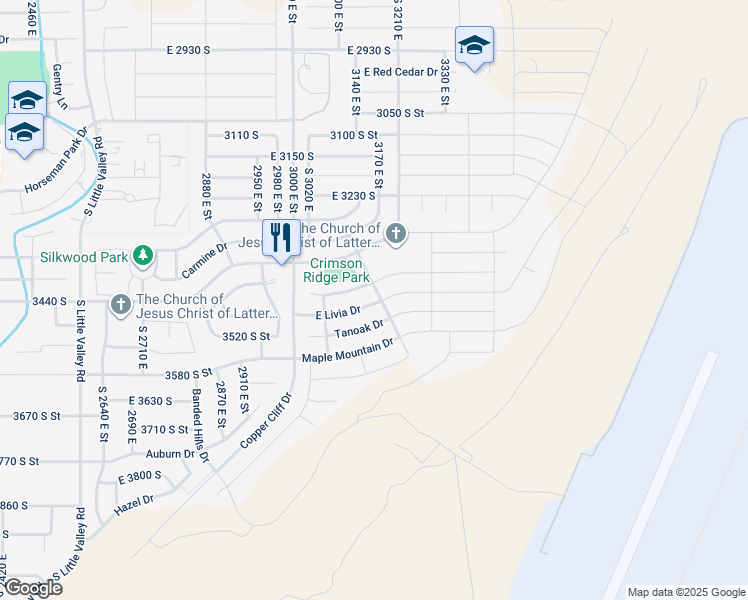 map of restaurants, bars, coffee shops, grocery stores, and more near 3159 Livia Drive in St. George