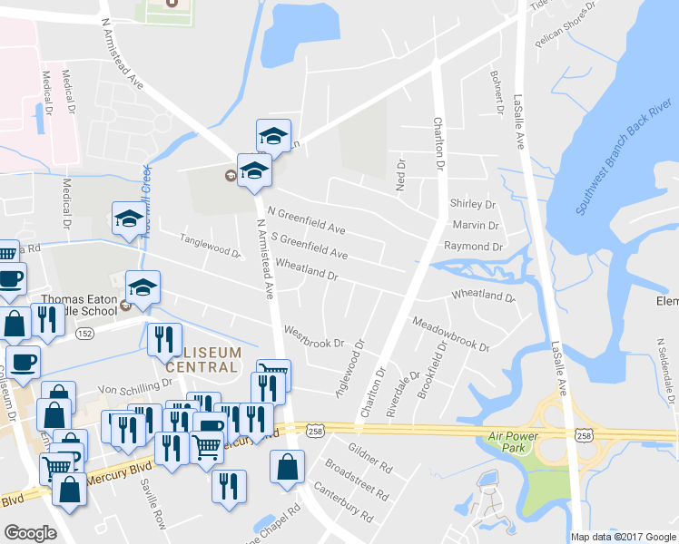 map of restaurants, bars, coffee shops, grocery stores, and more near 64 Wheatland Drive in Hampton