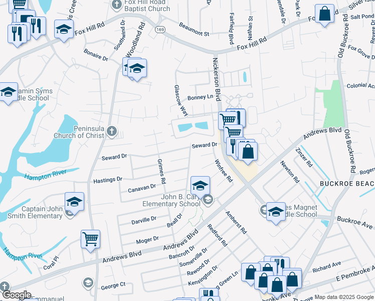 map of restaurants, bars, coffee shops, grocery stores, and more near 1920 Seward Drive in Hampton