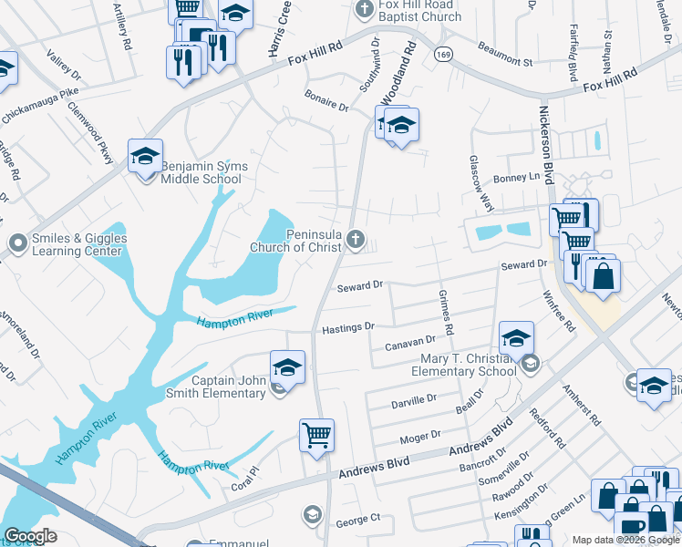 map of restaurants, bars, coffee shops, grocery stores, and more near 1400 Dorene Court in Hampton
