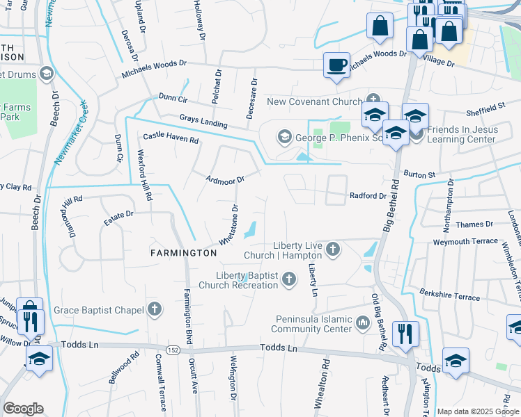 map of restaurants, bars, coffee shops, grocery stores, and more near 59 Sherry Dell Drive in Hampton