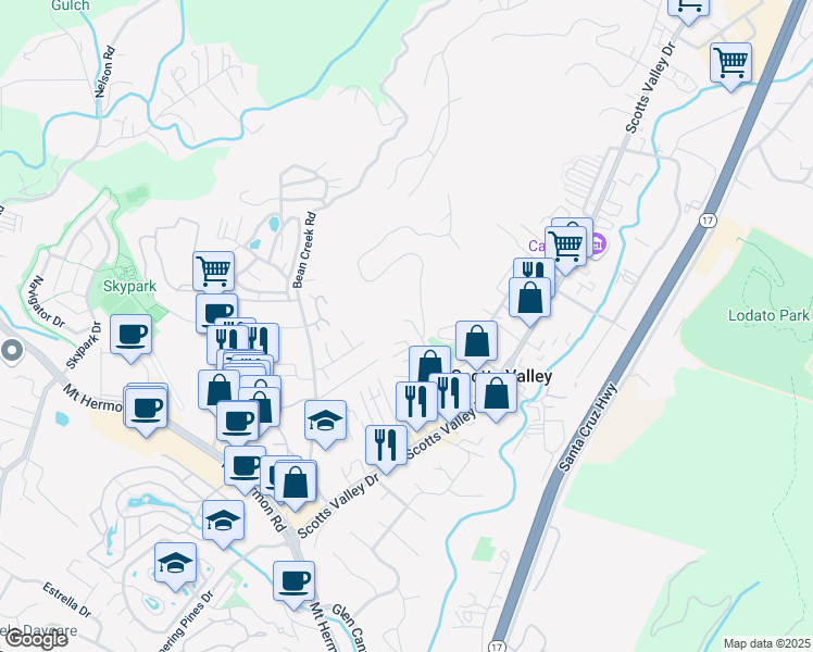 map of restaurants, bars, coffee shops, grocery stores, and more near 29 Erba Lane in Scotts Valley
