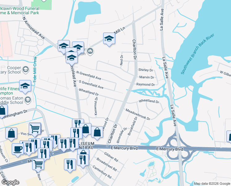 map of restaurants, bars, coffee shops, grocery stores, and more near 42 South Greenfield Avenue in Hampton