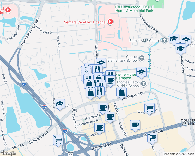 map of restaurants, bars, coffee shops, grocery stores, and more near 92 Coliseum Crossing in Hampton