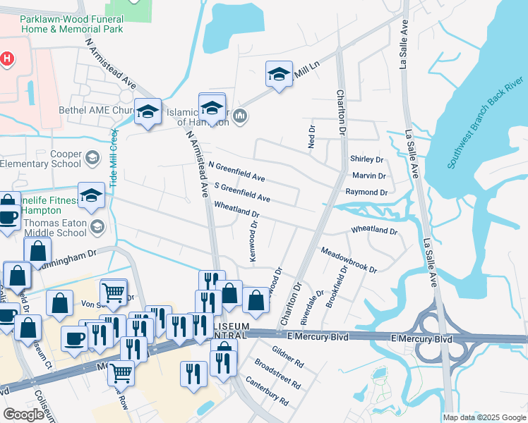 map of restaurants, bars, coffee shops, grocery stores, and more near 64 Wheatland Drive in Hampton