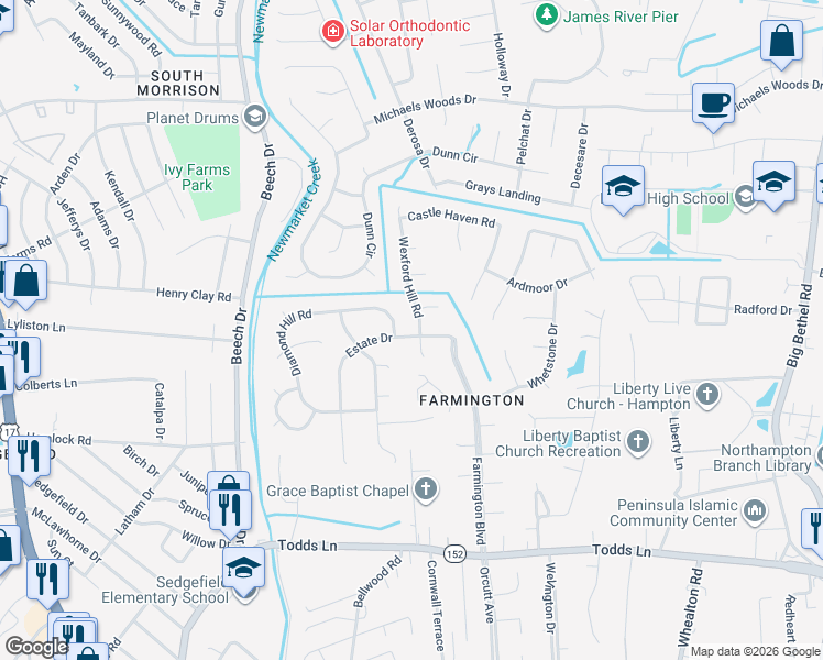map of restaurants, bars, coffee shops, grocery stores, and more near 12 Estate Drive in Hampton