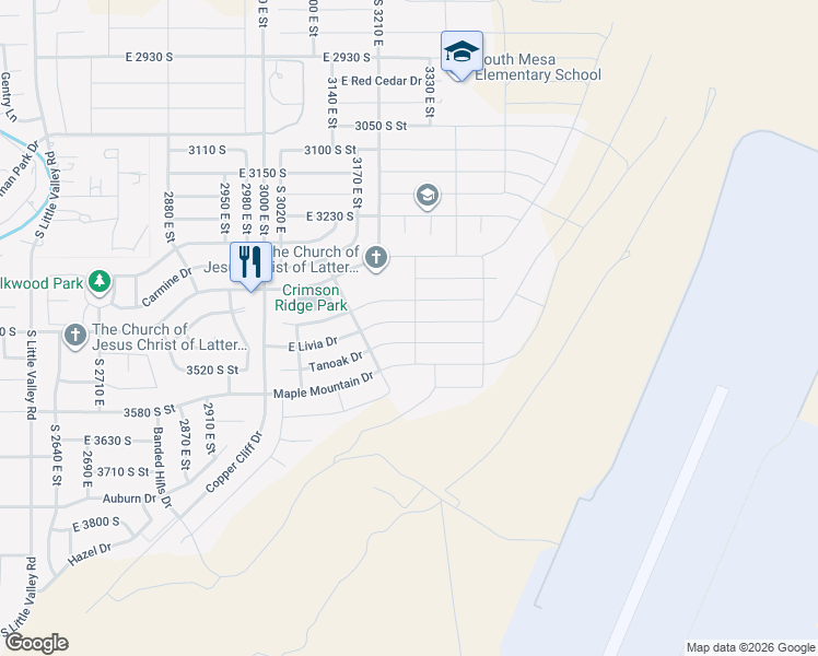 map of restaurants, bars, coffee shops, grocery stores, and more near 3240 Livia Drive in St. George