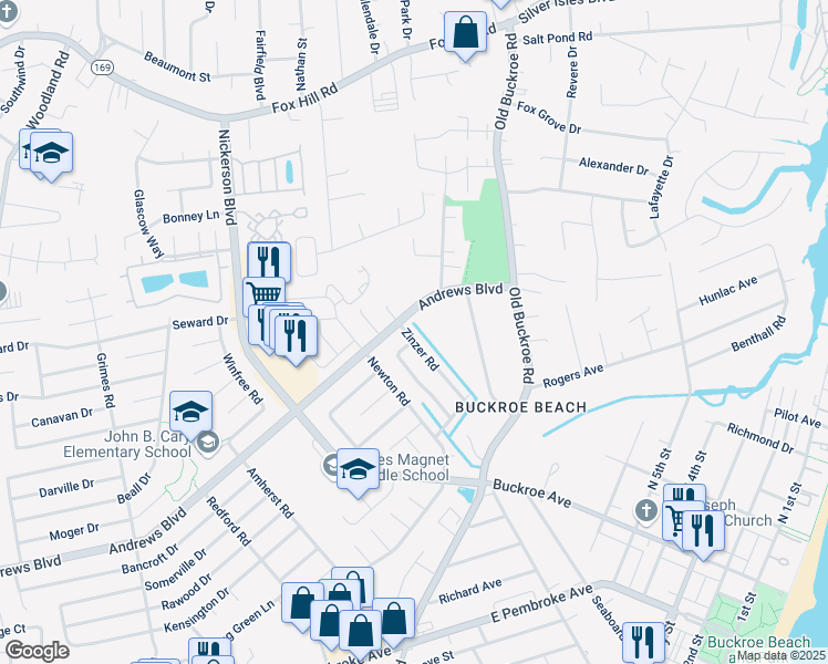 map of restaurants, bars, coffee shops, grocery stores, and more near 1930 Zinzer Road in Hampton