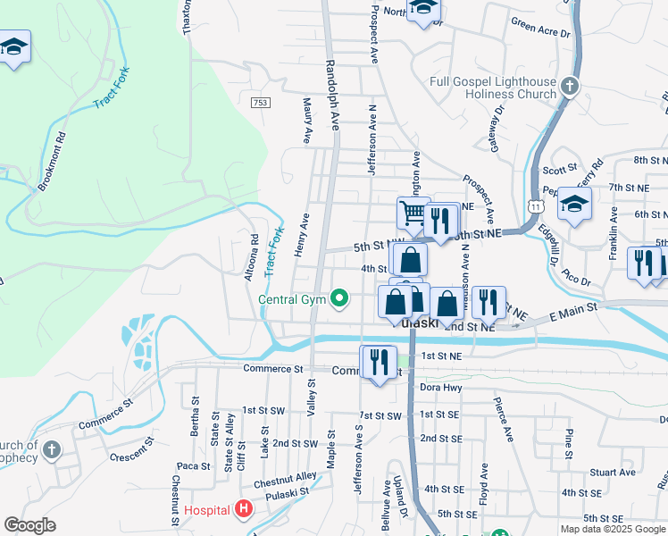 map of restaurants, bars, coffee shops, grocery stores, and more near 168 4th Street Northwest in Pulaski