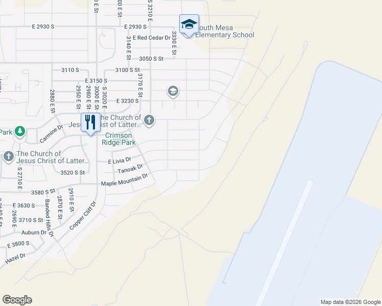 map of restaurants, bars, coffee shops, grocery stores, and more near 3362 Livia Drive in St. George