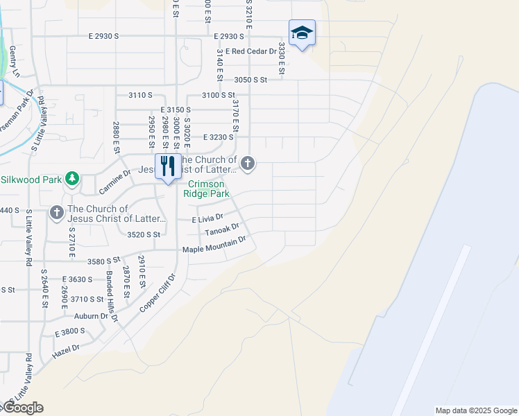map of restaurants, bars, coffee shops, grocery stores, and more near 3240 Livia Drive in St. George