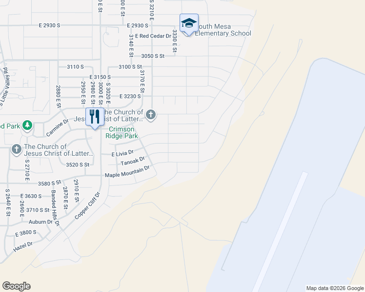 map of restaurants, bars, coffee shops, grocery stores, and more near 3332 East Livia Drive in St. George