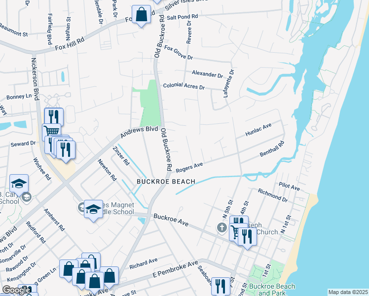 map of restaurants, bars, coffee shops, grocery stores, and more near 1678 Old Buckroe Road in Hampton