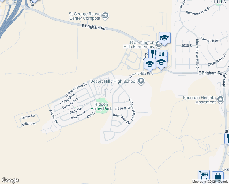 map of restaurants, bars, coffee shops, grocery stores, and more near 3406 East Desert Hills Drive in St. George