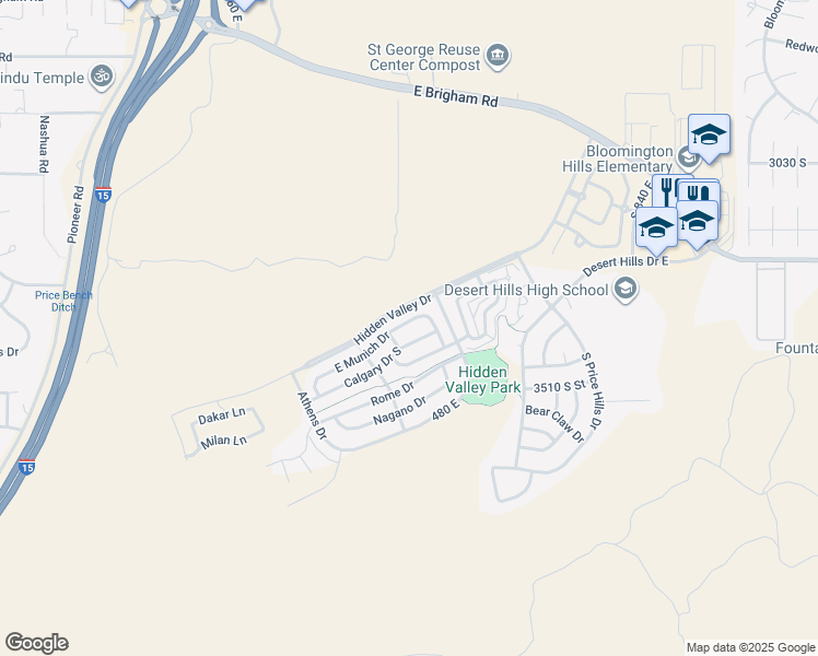 map of restaurants, bars, coffee shops, grocery stores, and more near 374 E Munich Dr in St George