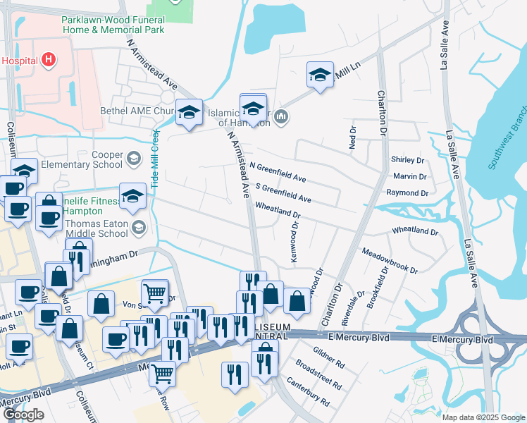 map of restaurants, bars, coffee shops, grocery stores, and more near 83 Wheatland Drive in Hampton