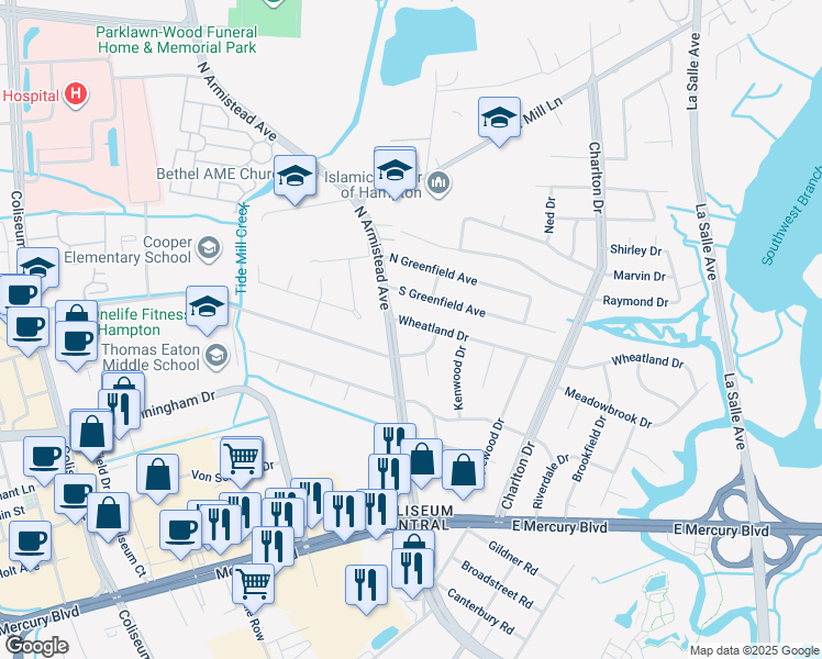 map of restaurants, bars, coffee shops, grocery stores, and more near 83 Wheatland Drive in Hampton