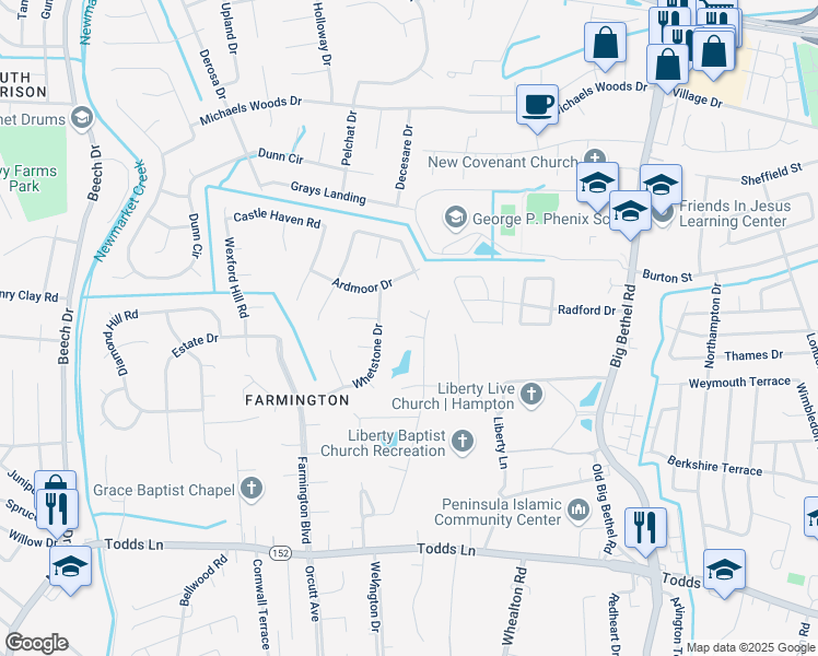 map of restaurants, bars, coffee shops, grocery stores, and more near 59 Sherry Dell Drive in Hampton