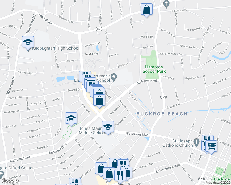 map of restaurants, bars, coffee shops, grocery stores, and more near 2112 Newton Road in Hampton