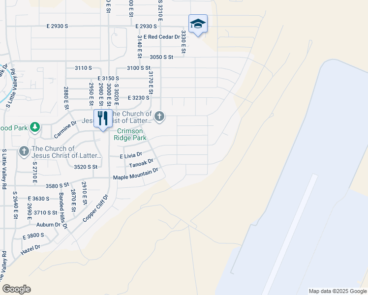 map of restaurants, bars, coffee shops, grocery stores, and more near 3314 Livia Drive in St. George