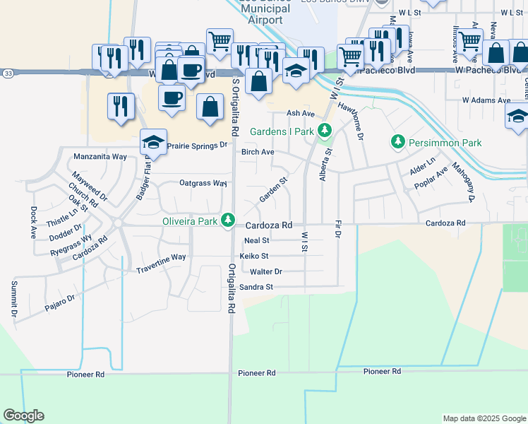 map of restaurants, bars, coffee shops, grocery stores, and more near 1678 Iris Lane in Los Banos