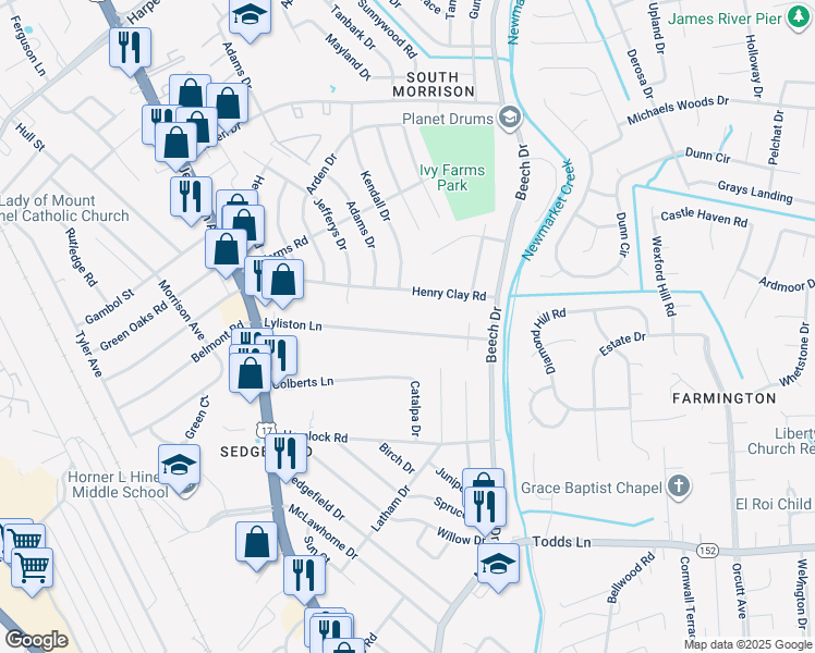 map of restaurants, bars, coffee shops, grocery stores, and more near 27 Lyliston Lane in Newport News