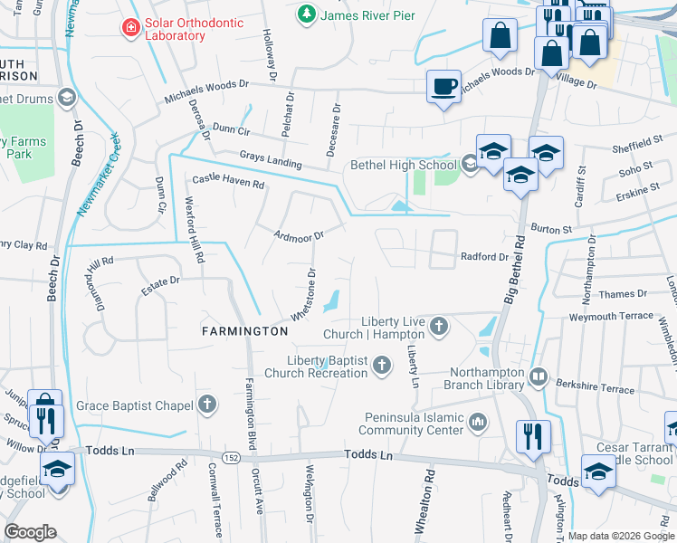 map of restaurants, bars, coffee shops, grocery stores, and more near 59 Sherry Dell Drive in Hampton