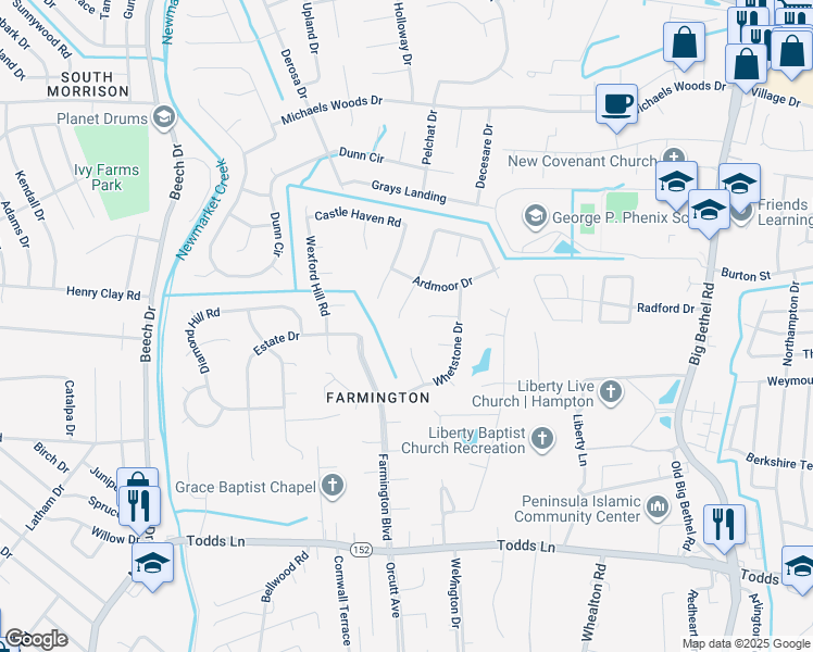 map of restaurants, bars, coffee shops, grocery stores, and more near 14 Manor Hill Court in Hampton
