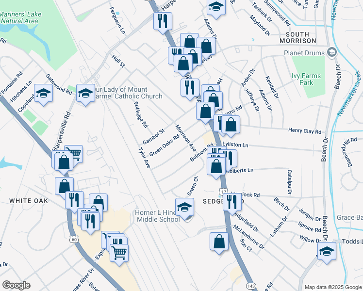 map of restaurants, bars, coffee shops, grocery stores, and more near 32 Greenwood Road in Newport News
