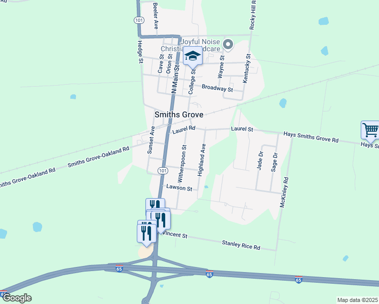 map of restaurants, bars, coffee shops, grocery stores, and more near 101-199 Highland Avenue in Smiths Grove