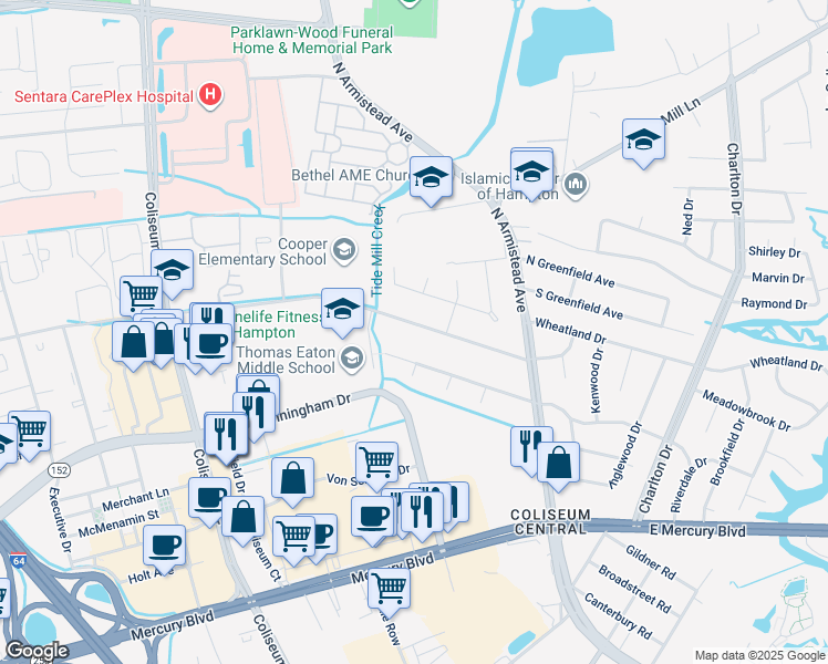 map of restaurants, bars, coffee shops, grocery stores, and more near 131 Marcella Road in Hampton