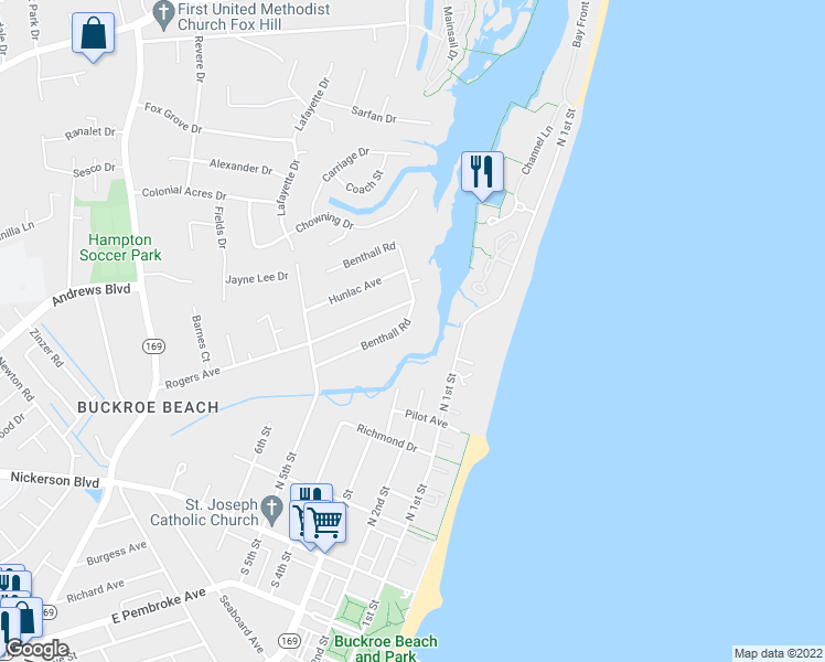 map of restaurants, bars, coffee shops, grocery stores, and more near 403 Benthall Road in Hampton