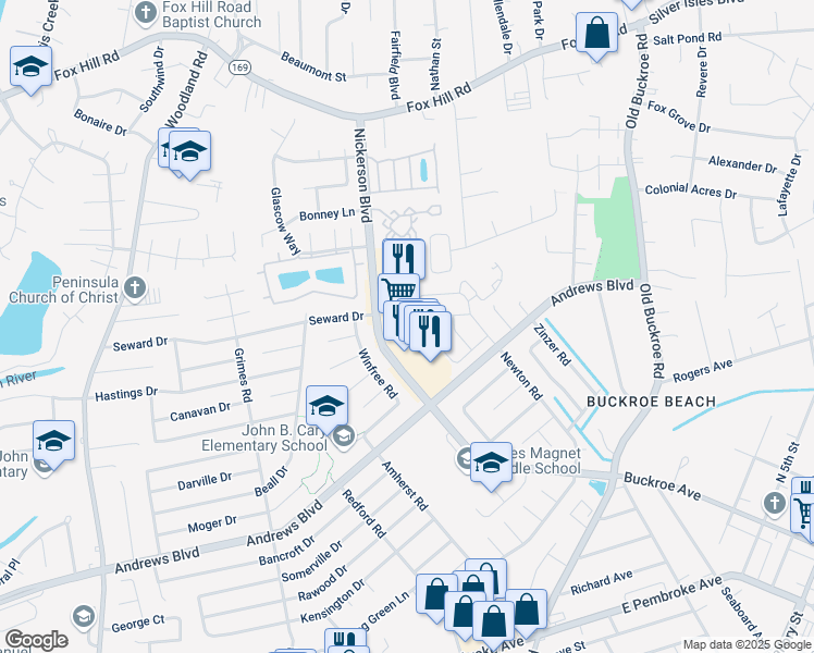 map of restaurants, bars, coffee shops, grocery stores, and more near 2070 Nickerson Boulevard in Hampton