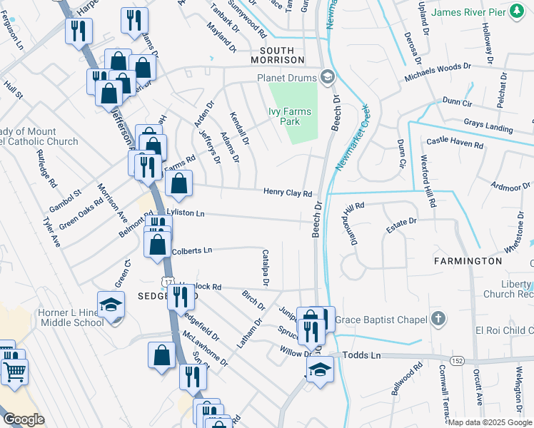 map of restaurants, bars, coffee shops, grocery stores, and more near 33 Lyliston Lane in Newport News