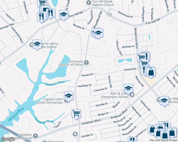 map of restaurants, bars, coffee shops, grocery stores, and more near 1410 Dorene Court in Hampton