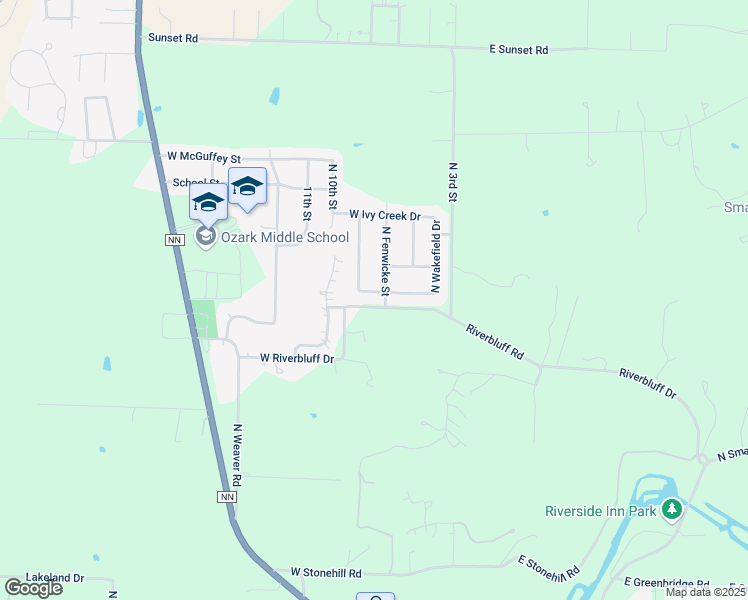 map of restaurants, bars, coffee shops, grocery stores, and more near Riverbluff Dr in Ozark