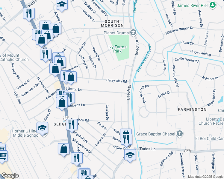 map of restaurants, bars, coffee shops, grocery stores, and more near 33 Lyliston Lane in Newport News