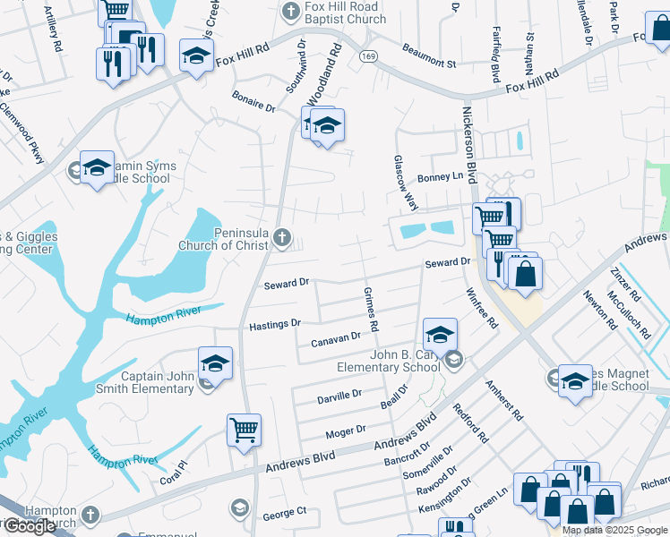 map of restaurants, bars, coffee shops, grocery stores, and more near 1508 Garrow Circle in Hampton